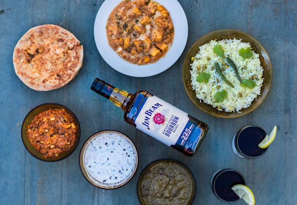 A variety of Indian dishes is arranged on a blue surface, including naan bread, a bowl of curry with paneer, a plate of rice garnished with cilantro and green chilies, several other bowls with different curry or dip, a bottle of bourbon, and two glasses with a dark beverage, each garnished with a lemon slice.